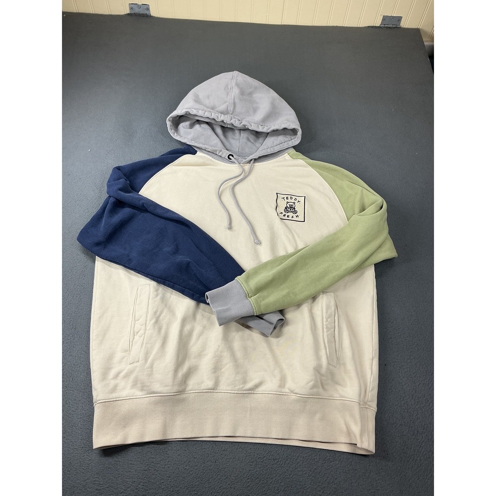 Teddy Fresh Hoodie Mens L Beige Pullover Hooded Pockets Graphic Embroidered